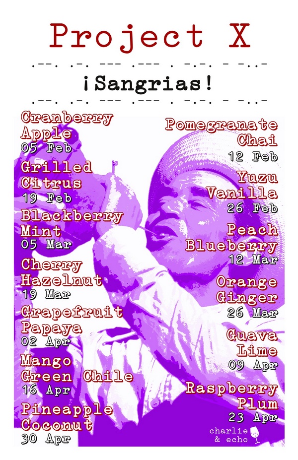 Poster listing sangrias with a man drinking wine.